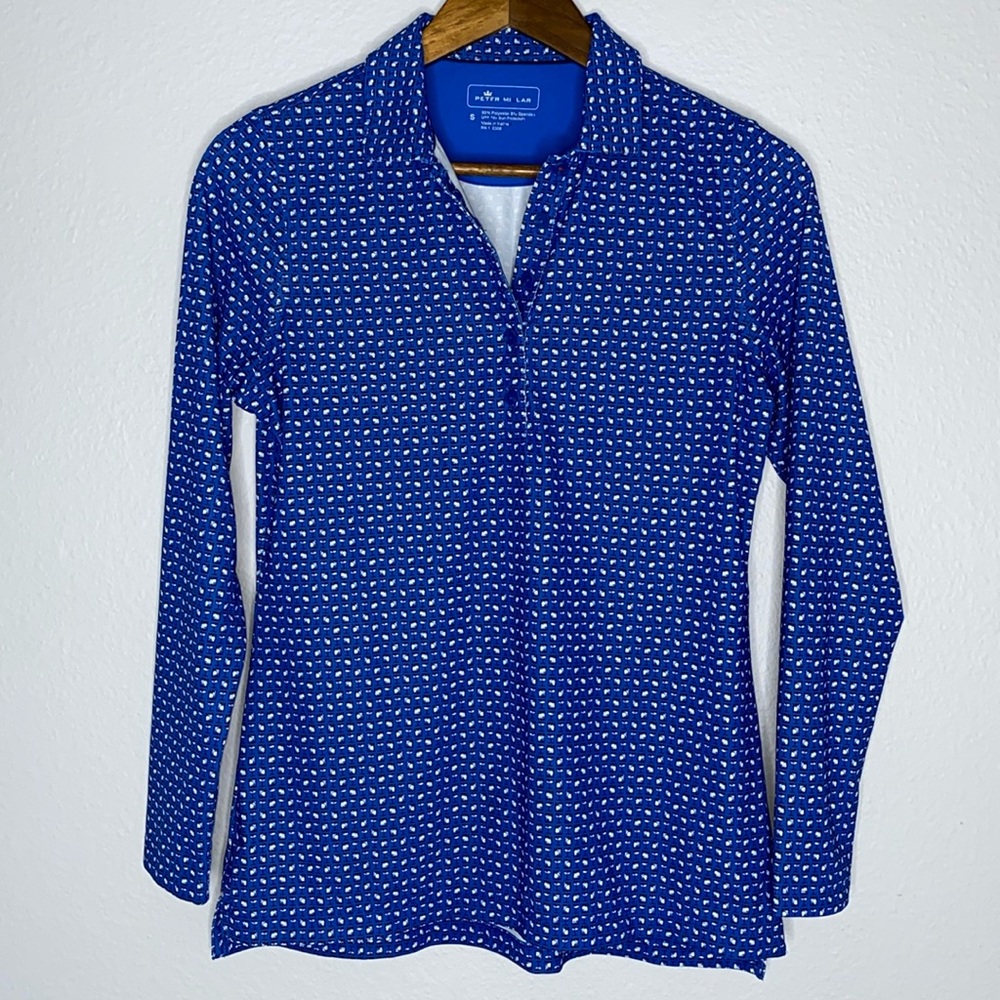 PETER MILLAR Blue Long Sleeve Button Polo Cocktail Pattern Shirt Women’s Large
